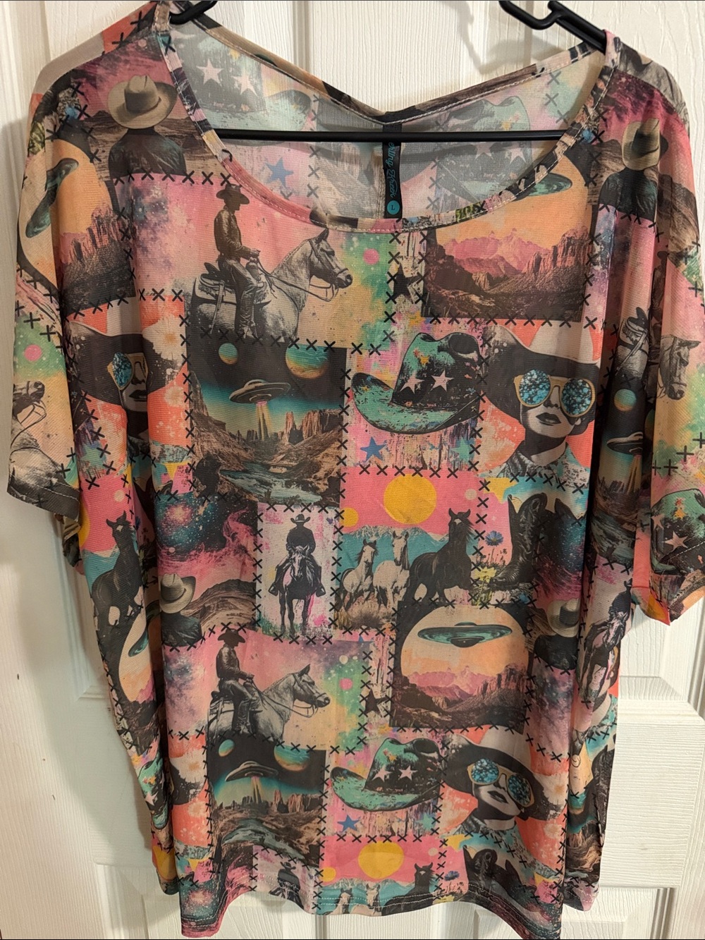 Women's Short Sleeve Western Patchwork Mesh Tee - Pink Multi